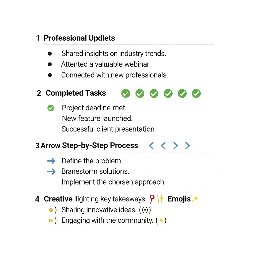 Different bullet point styles for LinkedIn posts, showing standard bullets, checkmarks, arrows, and emojis with example text for each style.