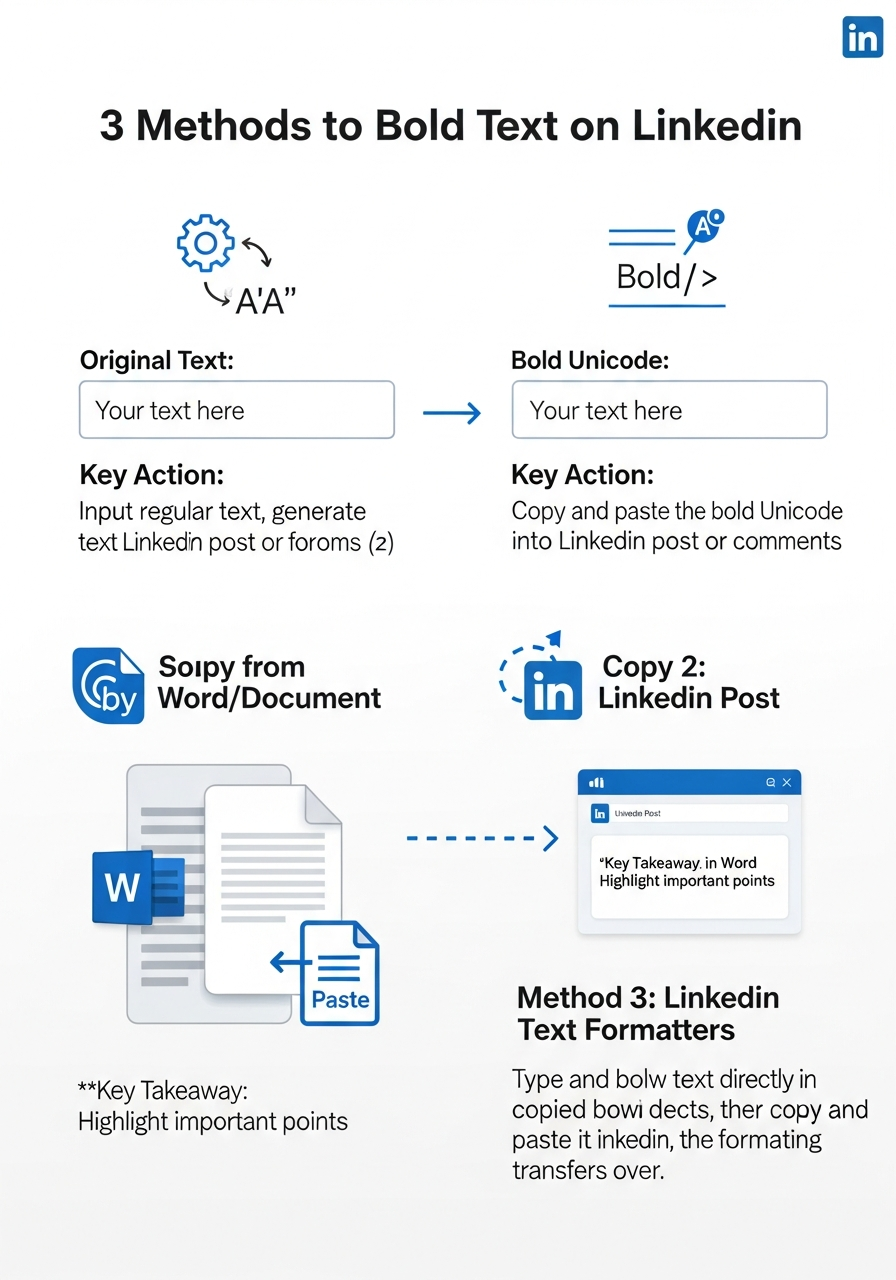 Infographic showing the three methods to bold text on LinkedIn